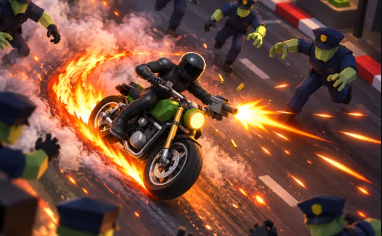 Deadline Riders main-menu artwork of a motorcycle firing at zombie police.