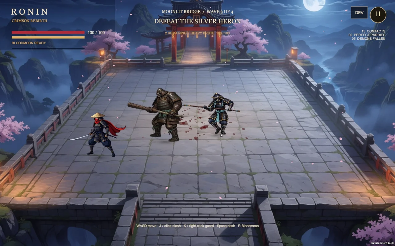 Ronin gameplay with samurai fighting on the Moonlit Bridge.
